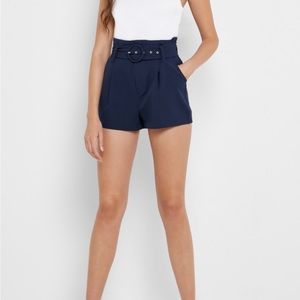 Navy Blue Belted High Waisted Shorts